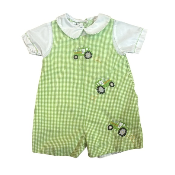 Petit Ami Shortall Green Gingham Short Sleeve Embroidered‎ Tractors Sz 12 Months - Picture 1 of 5